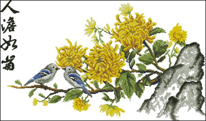 Птицы на цветущей ветке вышивка
