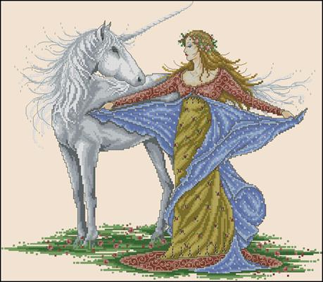 Unicorn and the maiden схема вышивки