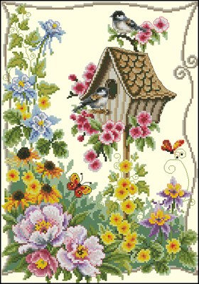 Birdhouse amongst flowers схема вышивки крестом