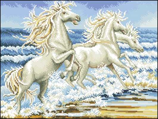 3 белые лошади у моря вышивка